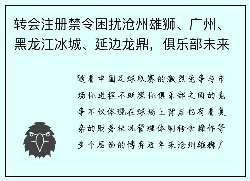 转会注册禁令困扰沧州雄狮、广州、黑龙江冰城、延边龙鼎，俱乐部未来何去何从？