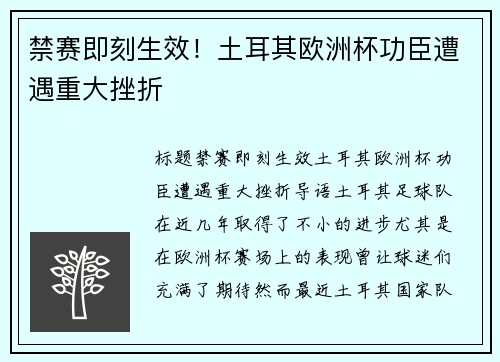 禁赛即刻生效！土耳其欧洲杯功臣遭遇重大挫折