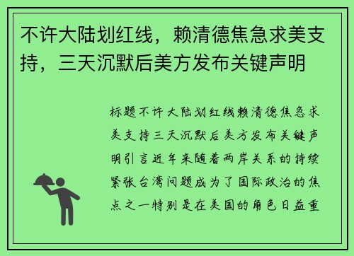 不许大陆划红线，赖清德焦急求美支持，三天沉默后美方发布关键声明