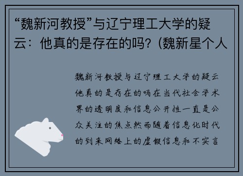 “魏新河教授”与辽宁理工大学的疑云：他真的是存在的吗？(魏新星个人简介)