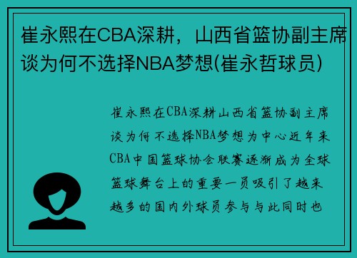 崔永熙在CBA深耕，山西省篮协副主席谈为何不选择NBA梦想(崔永哲球员)